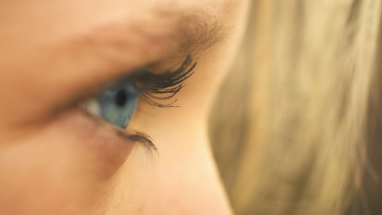 a close up of a woman's blue eye, a picture, side profile shot, blond hair blue eyes, eye - level medium - angle shot, eyes!