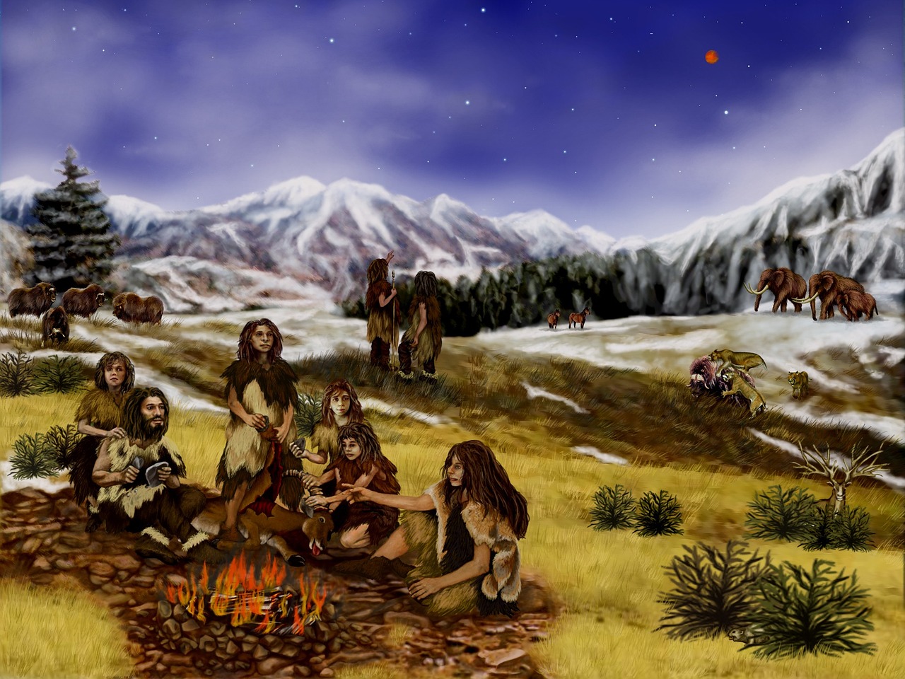 a group of people sitting around a campfire, by Susan Heidi, neo-primitivism, ice age, amazing wallpaper, panorama, full - view