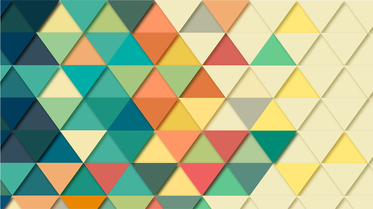 a wall that has many different colored triangles on it, vector art, geometric abstract art, teal orange, solid colors, istock, in retro colors