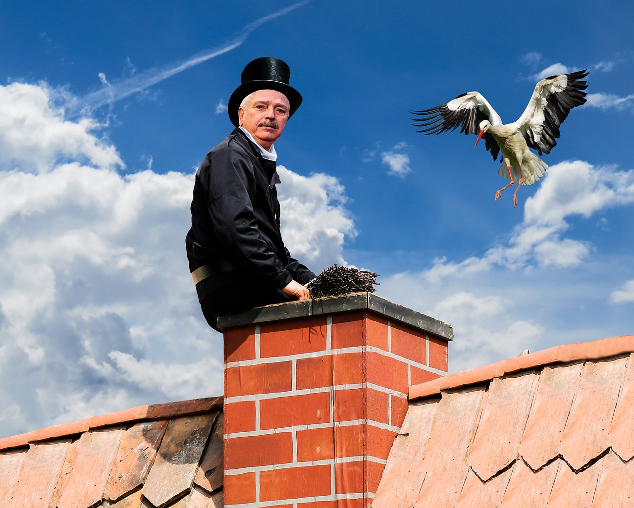 a man standing on top of a brick chimney next to a bird, shutterstock, old man, he is wearing a top hat, maintenance photo