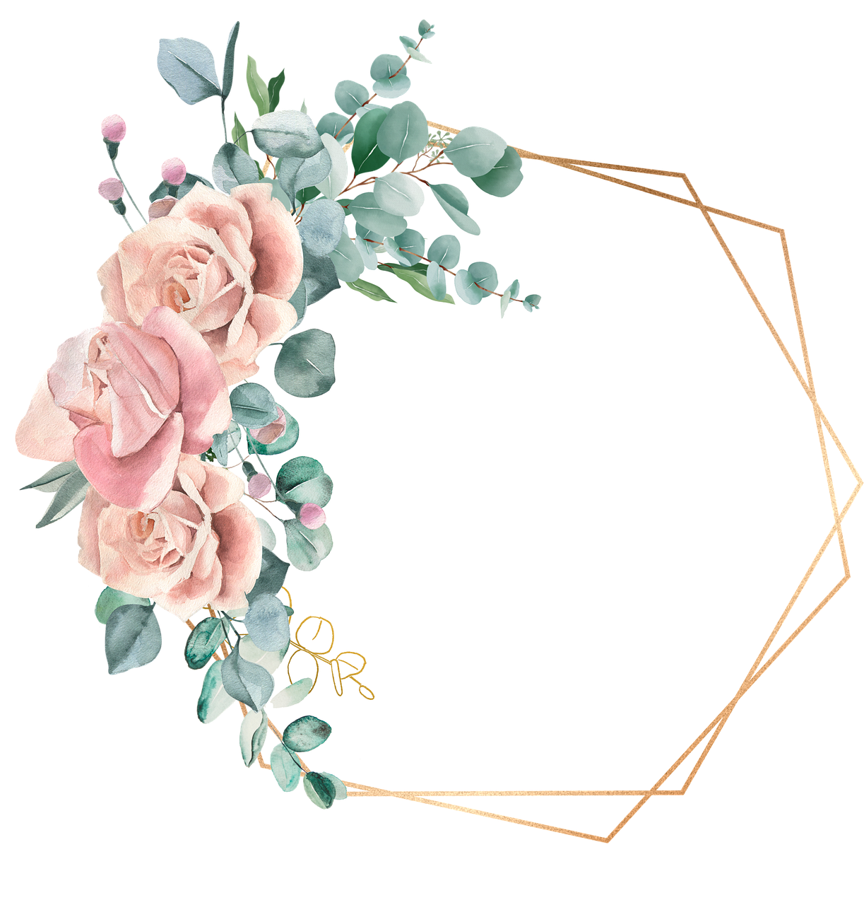 a floral frame with pink roses and eucalyptus leaves, floral bling, high polygon, in simple background, no text
