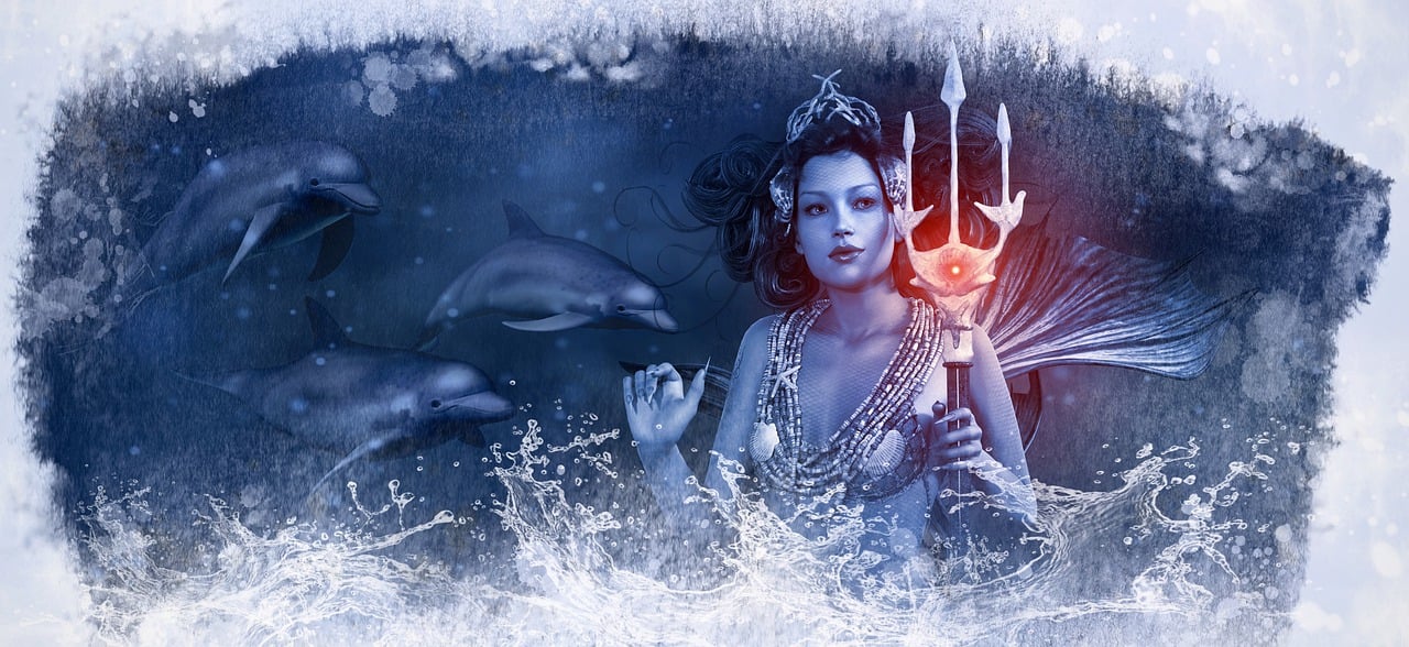 a woman is surrounded by dolphins in the water, vector art, deviantart contest winner, fantasy art, 3 winter deities, holding trident, very beautiful photo, blue adornements