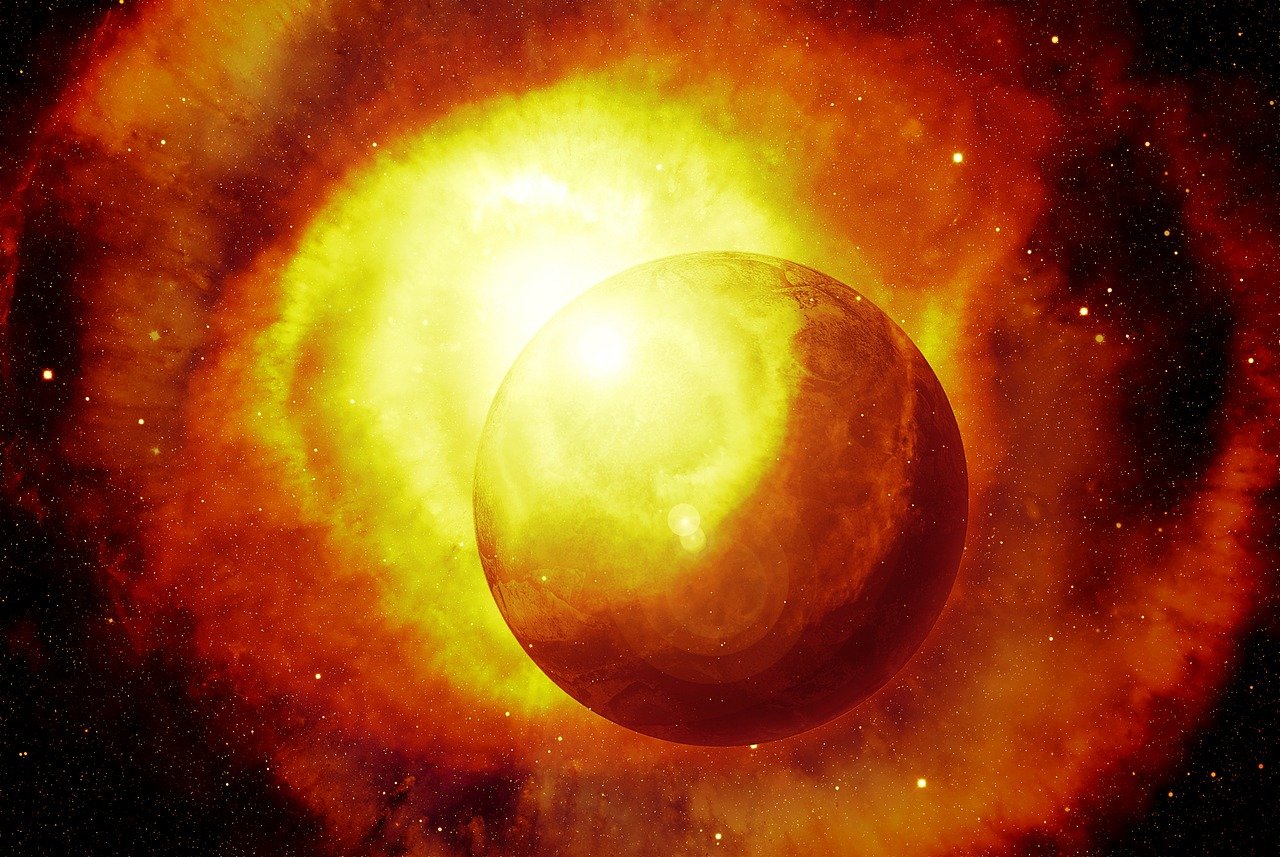 a close up of a planetary object with a star in the background, a digital rendering, space art, bright yellow and red sun, dramatic powerful nebula, apocalyptic spherical explosion, spiritual imagination of duality
