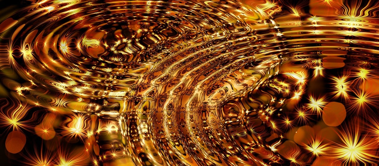 a computer generated image of a golden spiral, digital art, by Jon Coffelt, abstract illusionism, shiny gloss water reflections, honey ripples, glass and gold pipes, gold background