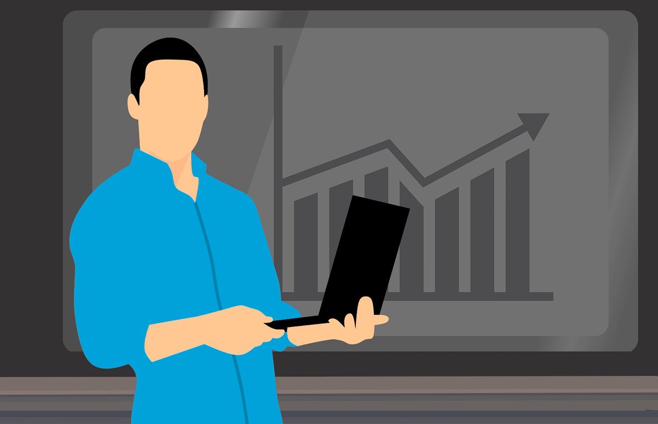 a man in a blue shirt holding a laptop, a computer rendering, trending on pixabay, computer art, trading stocks, created in adobe illustrator, the background is black, a person standing in front of a