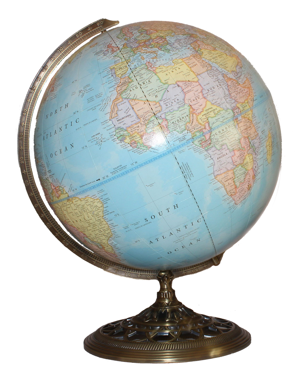 a close up of a globe on a stand, a photo, by Nancy Spero, flickr, from wikipedia, true realistic image, full front view, 7 0 s