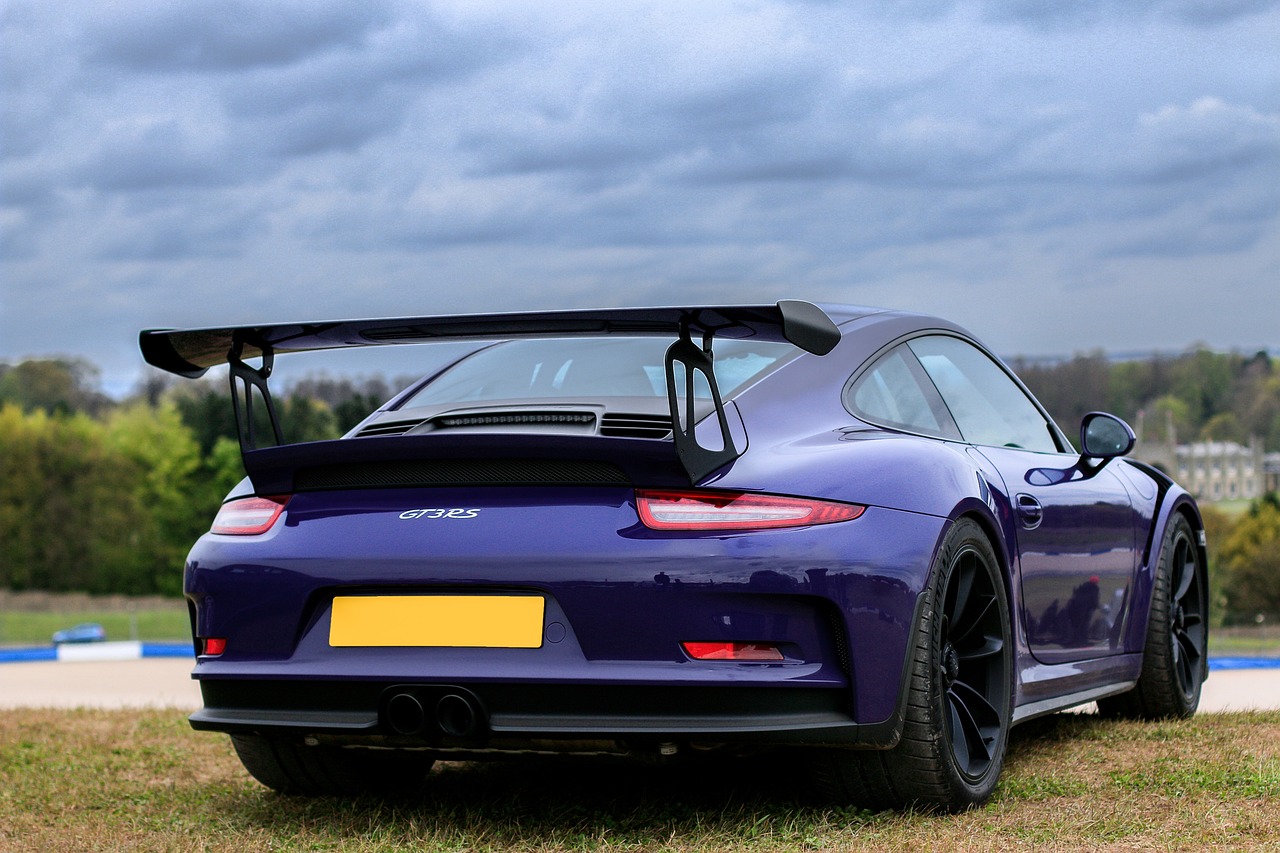 a purple sports car parked on top of a grass covered field, inspired by An Gyeon, pexels contest winner, baroque, back arched, porsche rsr, tail fin, full colour