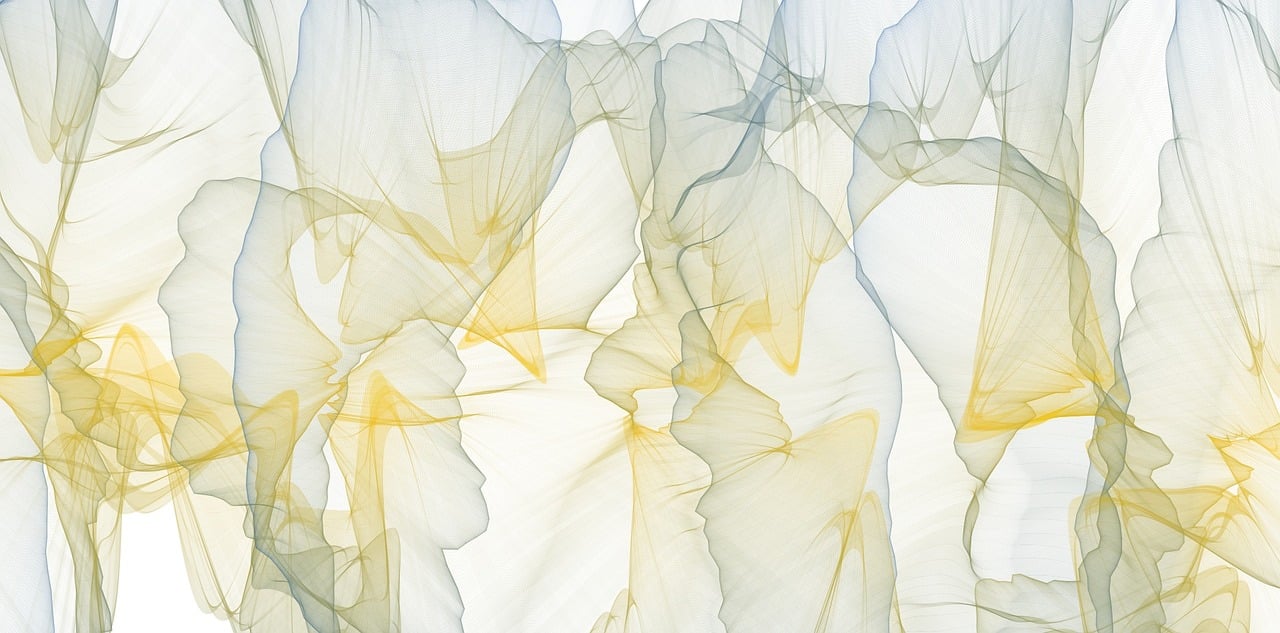 a large group of yellow and white flowers, an abstract drawing, inspired by Anna Füssli, generative art, soft translucent fabric folds, blurred and dreamy illustration, linear illustration, light grey blue and golden