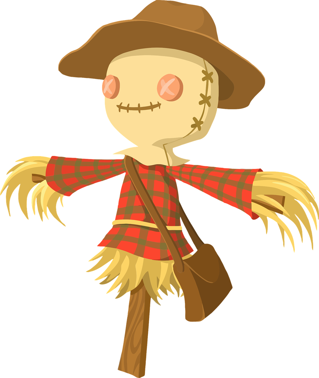 a cartoon scare with a hat and plaid shirt, inspired by Masamitsu Ōta, scarecrow, [ [ soft ] ], tall skeletal figure, straw