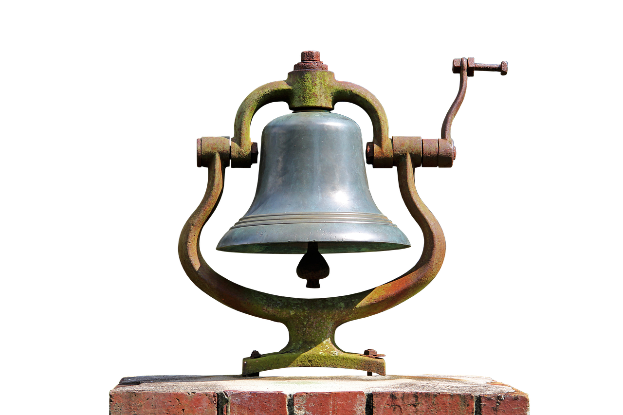 a bell sitting on top of a brick wall, folk art, high detail product photo, high res photo, of a old 17th century, highly detailed product photo