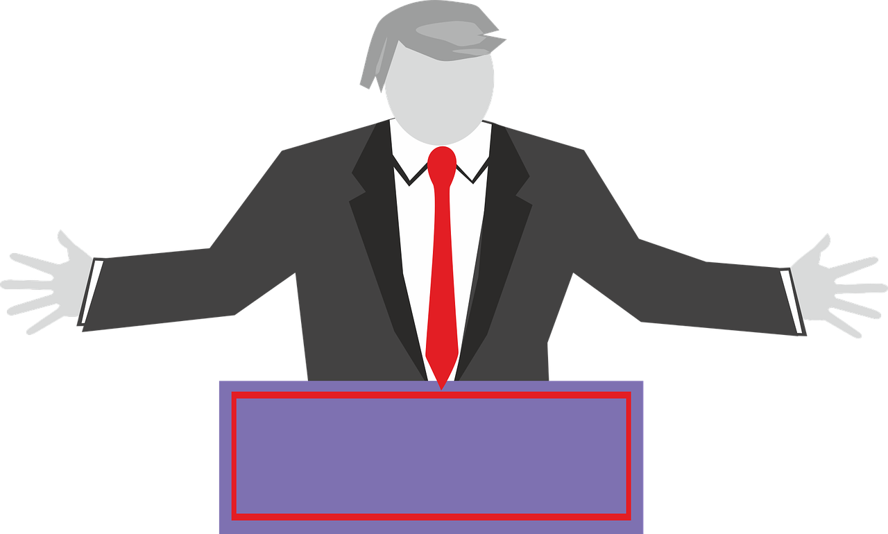 a man in a suit and tie standing behind a podium, a cartoon, by Tom Carapic, pixabay, stuckism, trump, gray men, reclections, gameshow