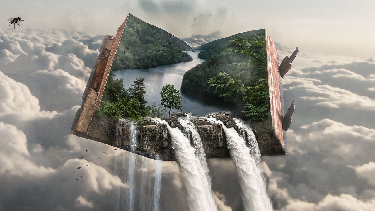 an open book with a waterfall coming out of it, inspired by Franz Sedlacek, photoshop collage, floating lands in-clouds, with trees and waterfalls, open books
