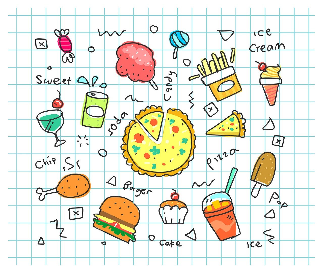 a drawing of food and drinks on a checkered sheet, shutterstock, 😃😀😄☺🙃😉😗, 🥥 🍕 hybrid, cute cartoon style, stick