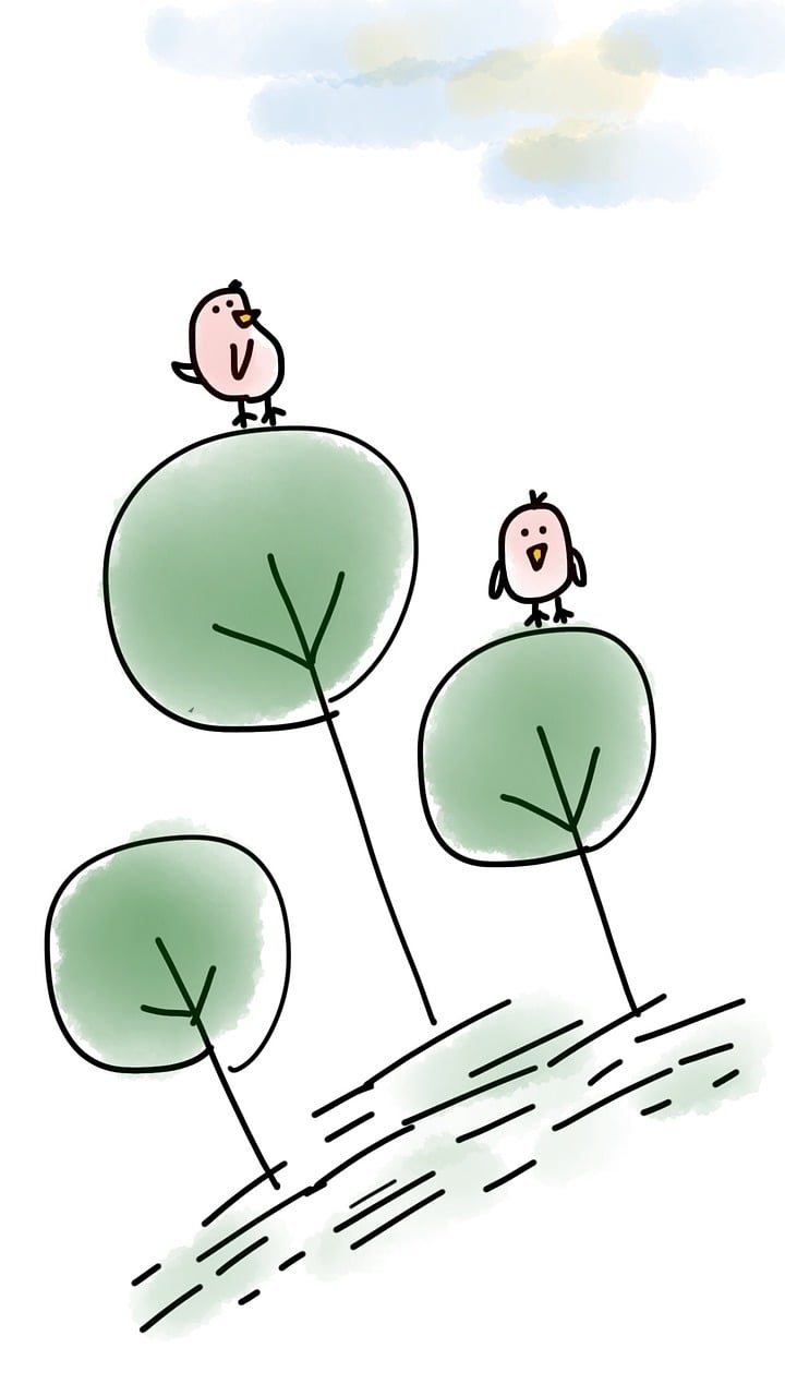 a couple of birds sitting on top of trees, a cartoon, by Yuko Tatsushima, without text, seedlings, view up, two men