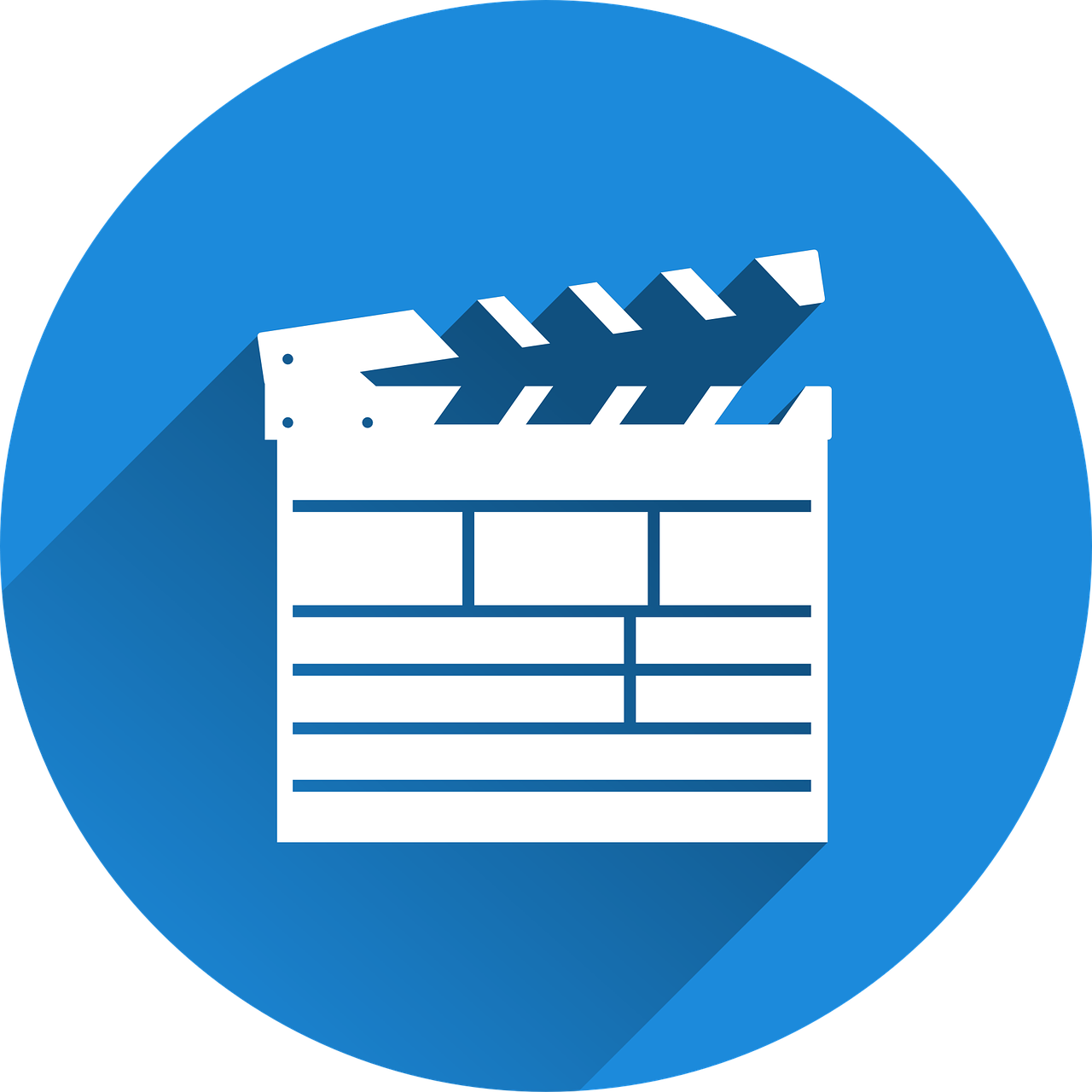 a movie clapper icon with a long shadow, pixabay, video art, infographics. logo. blue, avatar image, epk, cut