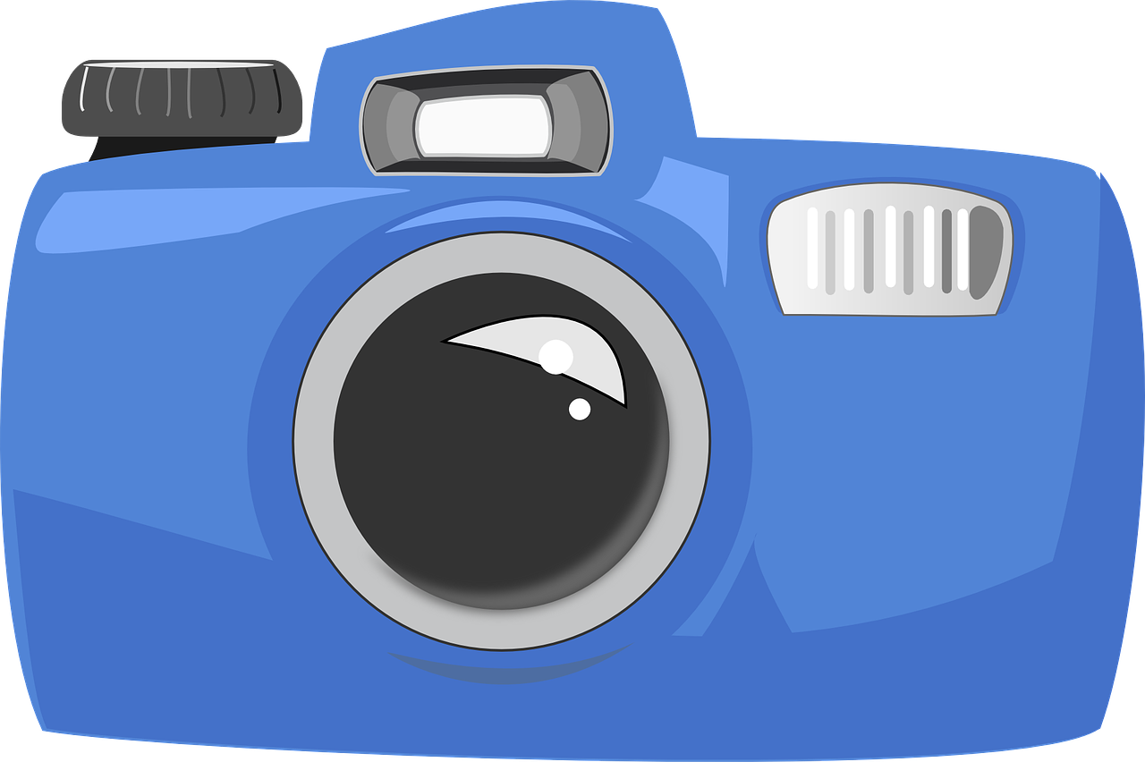 a blue camera on a black background, a picture, pixabay, clip art, [ digital art, digital art - w 700, hero shot