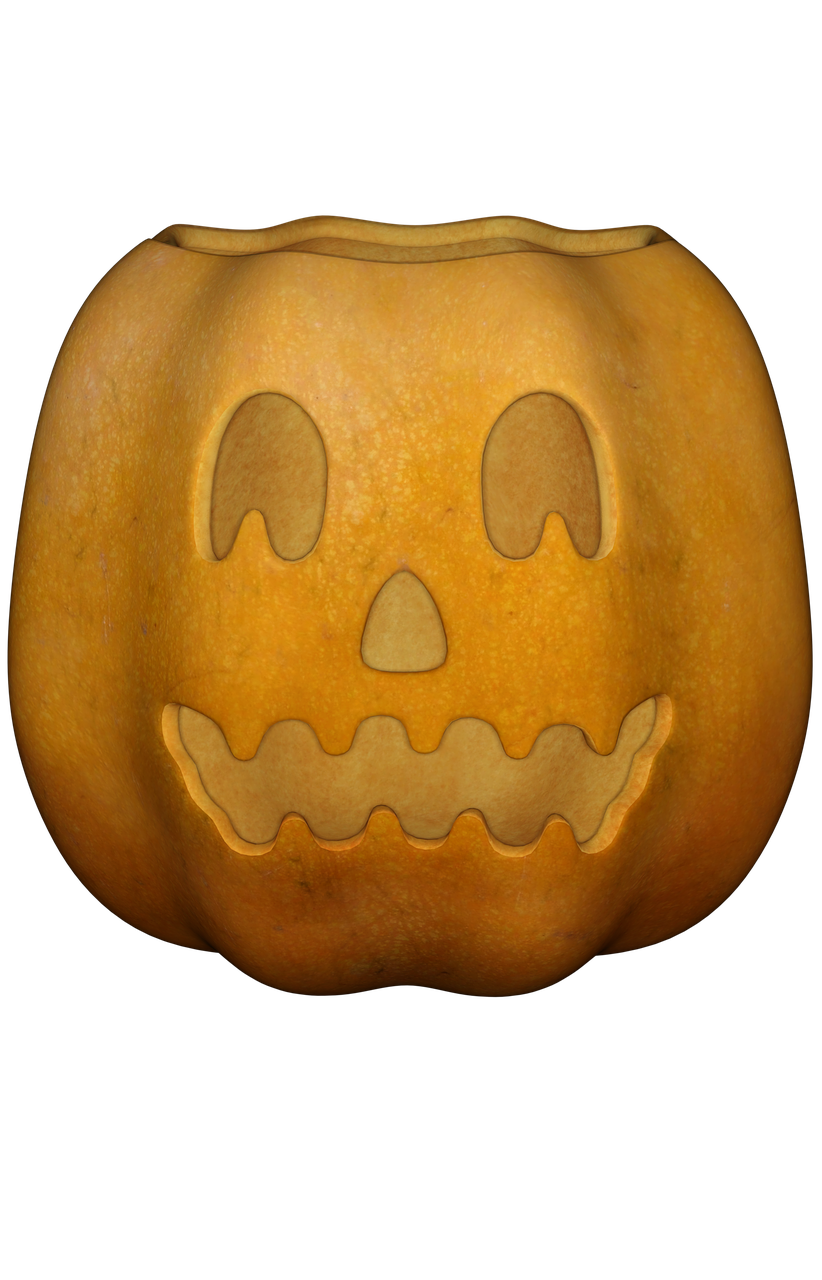 a carved pumpkin sitting on top of a table, a digital rendering, folk art, untextured, face center close-up, square jaw-line, 70's