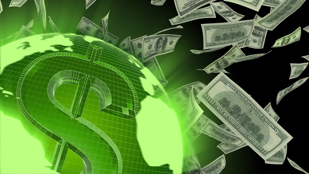 a green question mark surrounded by money flying around it, a digital rendering, by Jon Coffelt, leaves as dollars!! glow, shodan, afp, photo photo
