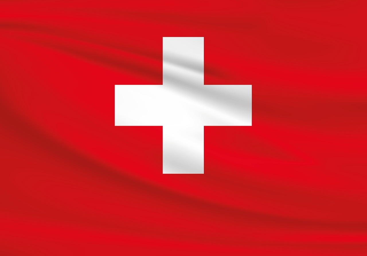 a red and white flag with a white cross on it, an illustration of, switzerland, ripple, high res photo