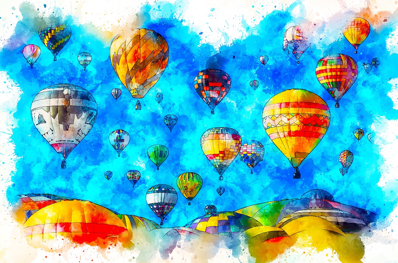 a bunch of hot air balloons flying in the sky, a watercolor painting, shutterstock, digital art, americana vibrant colors, albuquerque, watercolor and ink, splashes of color