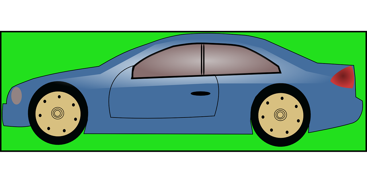 a blue car on a green background, vector art, by Tom Carapic, pixabay, conceptual art, side view of a gaunt, cut-scene, back arched, fully colored