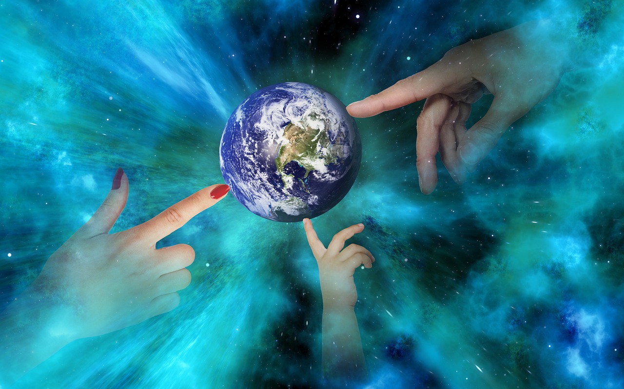 a group of hands reaching for the earth, digital art, metaphysical painting, space photo, very accurate photo, women, enhanced photo