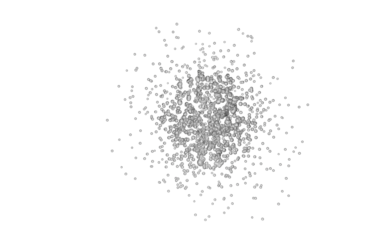 a bunch of bubbles floating in the air, digital art, inspired by Howardena Pindell, reddit, kinetic pointillism, rendered in maya and houdini, mech machines firing bullets, spidery irregular shapes, with a black background