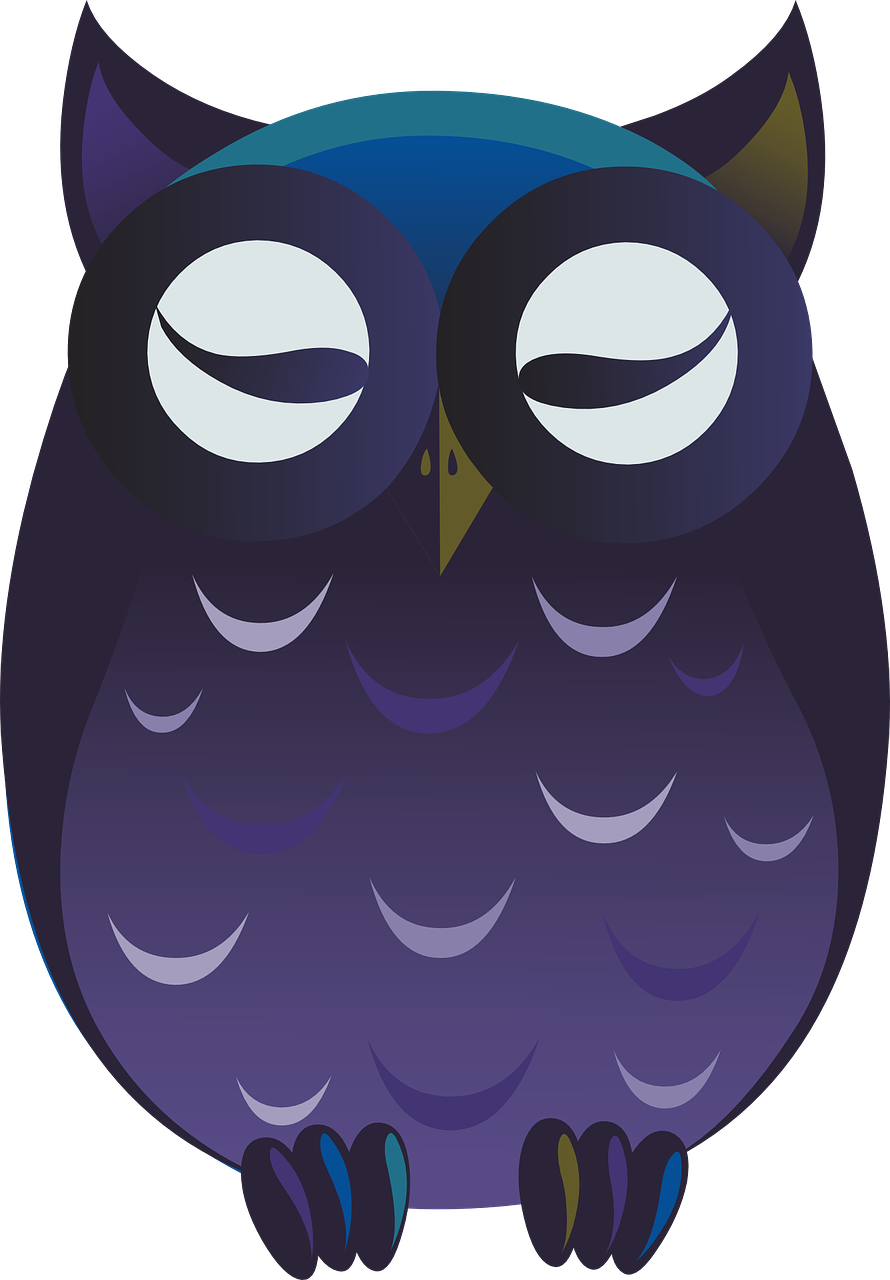 a purple and blue owl with big eyes, vector art, pixabay, lowbrow, moonless night, sleeping, face shot, dark mode