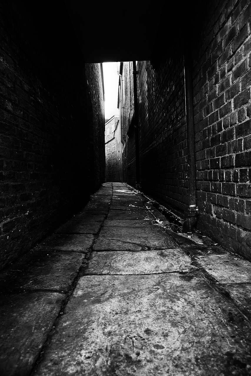 a black and white photo of a narrow alleyway, by John Wollaston, unsplash, covered with tar. dslr, yorkshire, wide angle 1981, brick walls