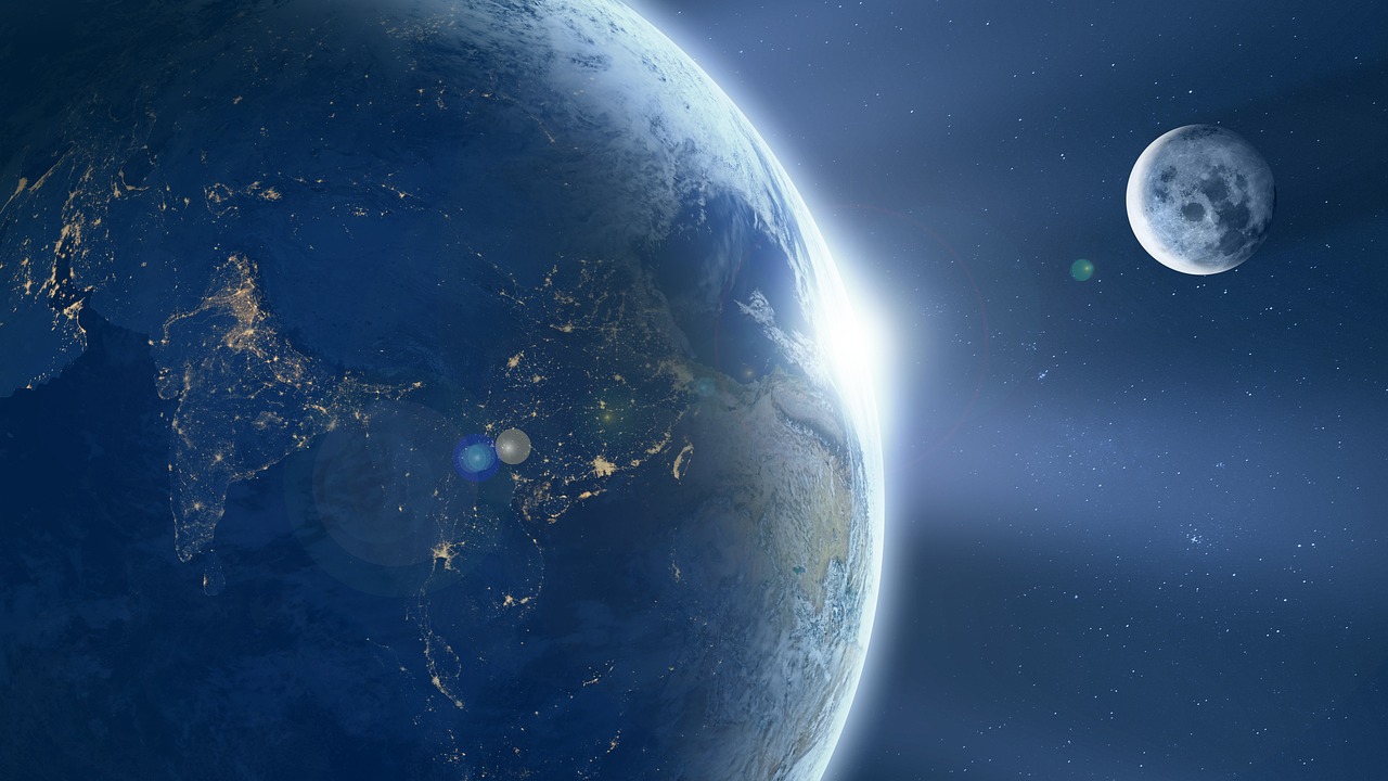a view of the earth and moon from space, digital art, by Kurt Roesch, pexels, digital art, evening sun, blue moon ray tracing, bottom angle, profile pic