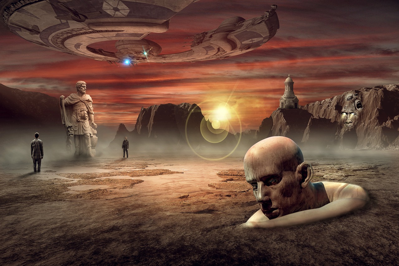 a man laying on the ground in front of a spaceship, inspired by Johfra Bosschart, digital art, ancient alien head stone statues, standing on a martian landscape, they reach into his mind, the man with robot head