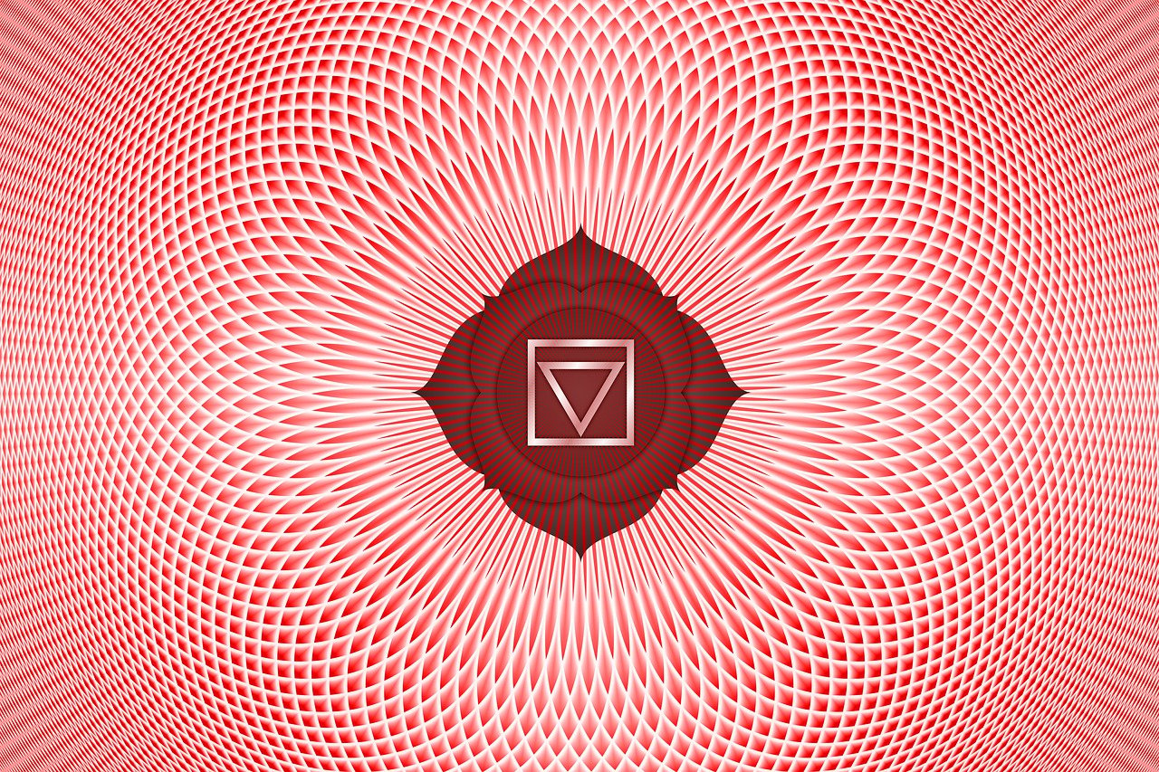 a red and white pattern with a square in the middle, vector art, inspired by György Vastagh, abstract illusionism, ajna chakra, floating in a powerful zen state, venus planet symbol, dmt background