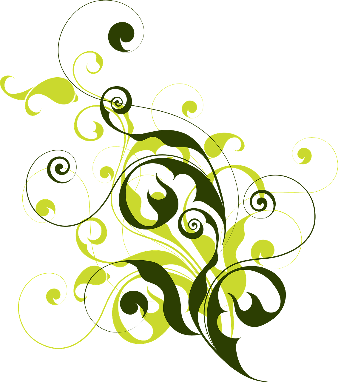 a green floral design on a black background, vector art, deviantart, winding branches, yellow and black color scheme, some plant life, swirly curls