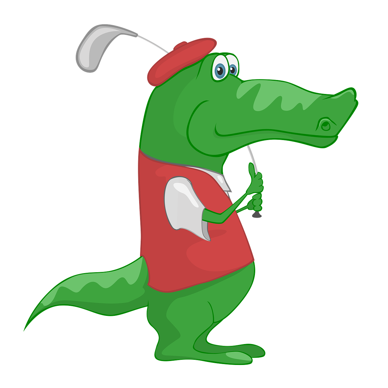 a cartoon alligator wearing a hat and holding a golf club, an illustration of, cobra, red and green color scheme, on a black background, tourist photo, computer generated