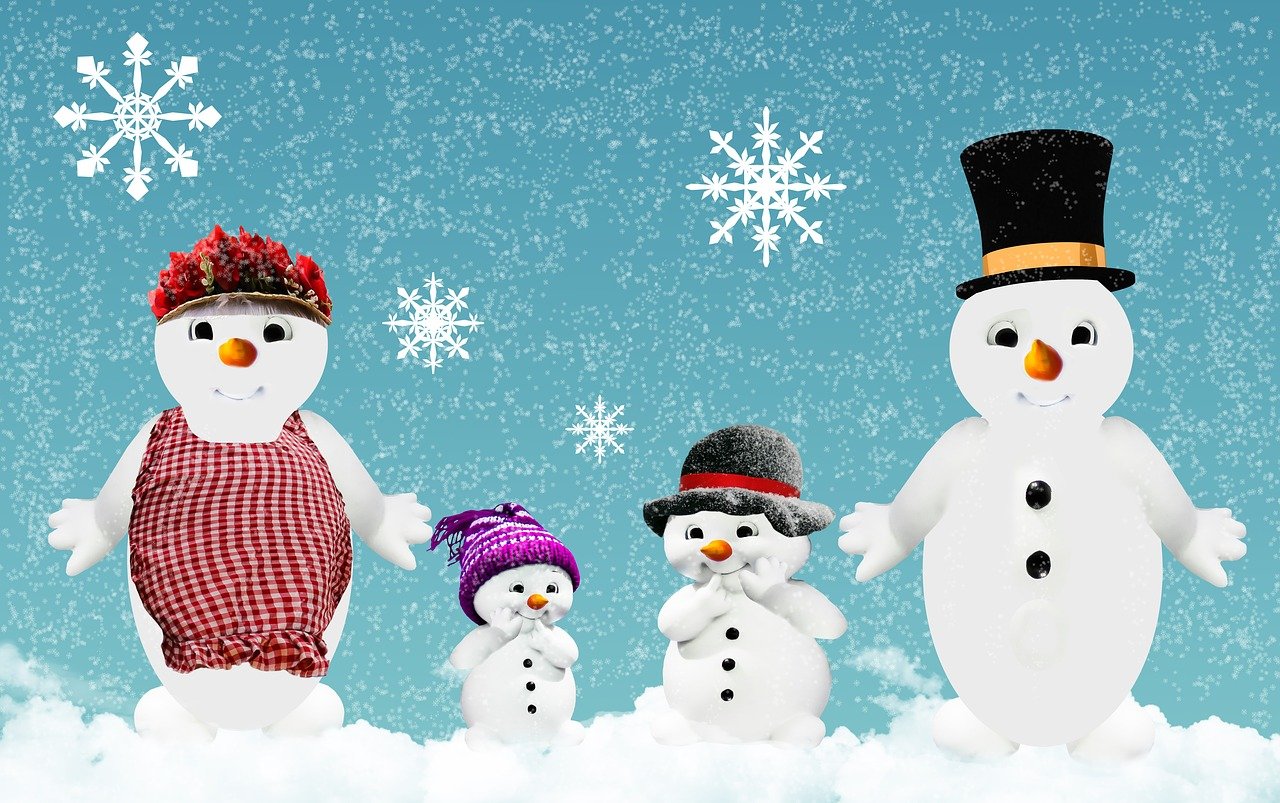 a group of snowmen standing next to each other, a picture, by Elaine Hamilton, shutterstock, phone wallpaper, happy family, avatar image, 8k 4k