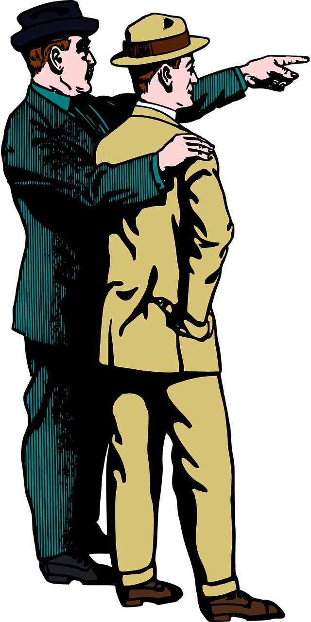 a couple of men standing next to each other, a comic book panel, by Allen Jones, flickr, pop art, detail, dimly - lit, hugging his knees, he is wearing a trenchcoat