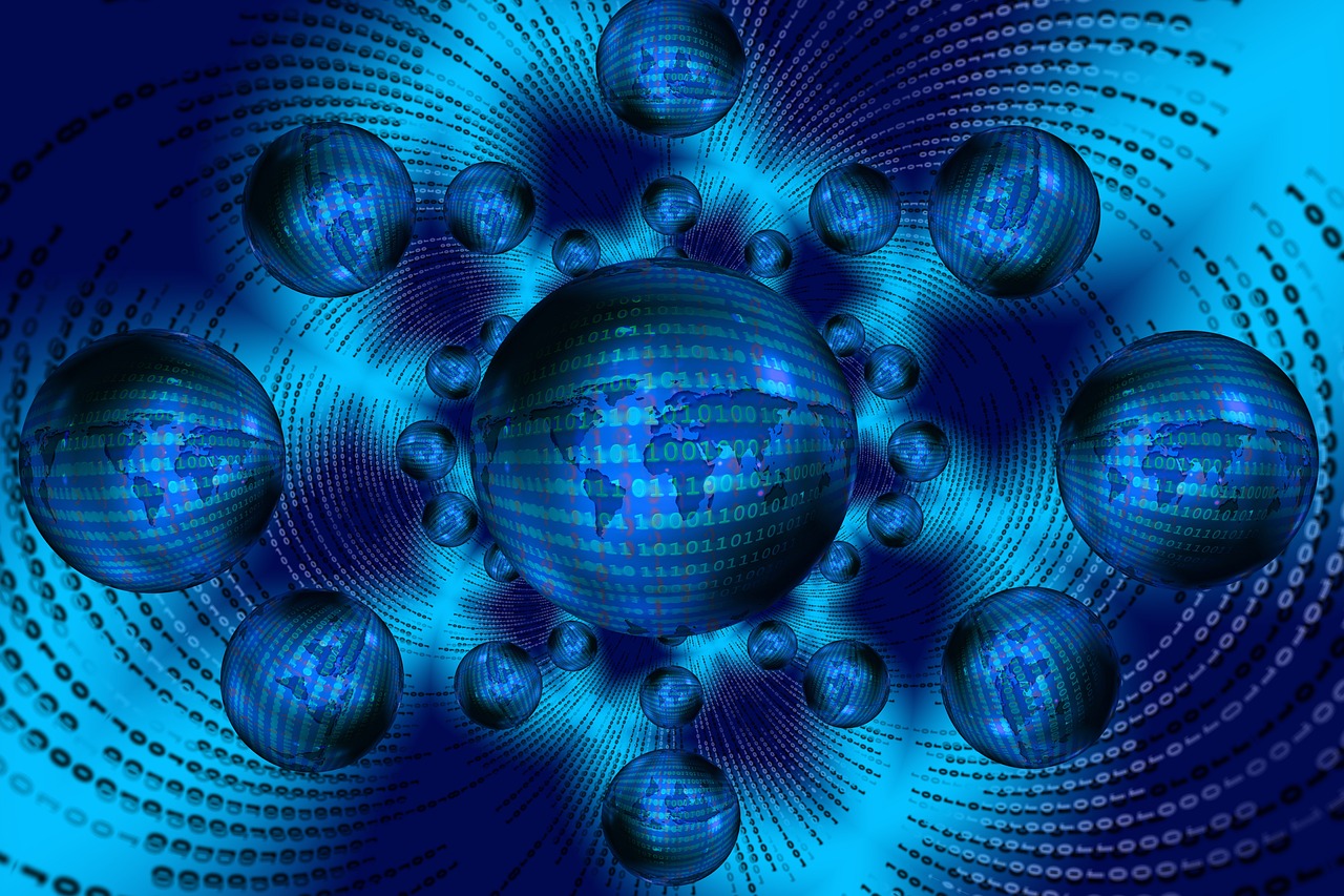 a computer generated image of a blue sphere, digital art, flickr, matrix symbols in the background, multiverse!!!!!!, globes, cyber style