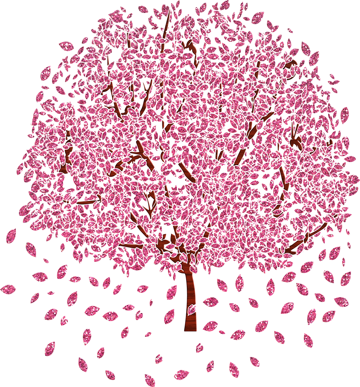 a tree with pink leaves blowing in the wind, a digital rendering, swarovski, material is!!! plum!!!, with a black background, the non-binary deity of spring