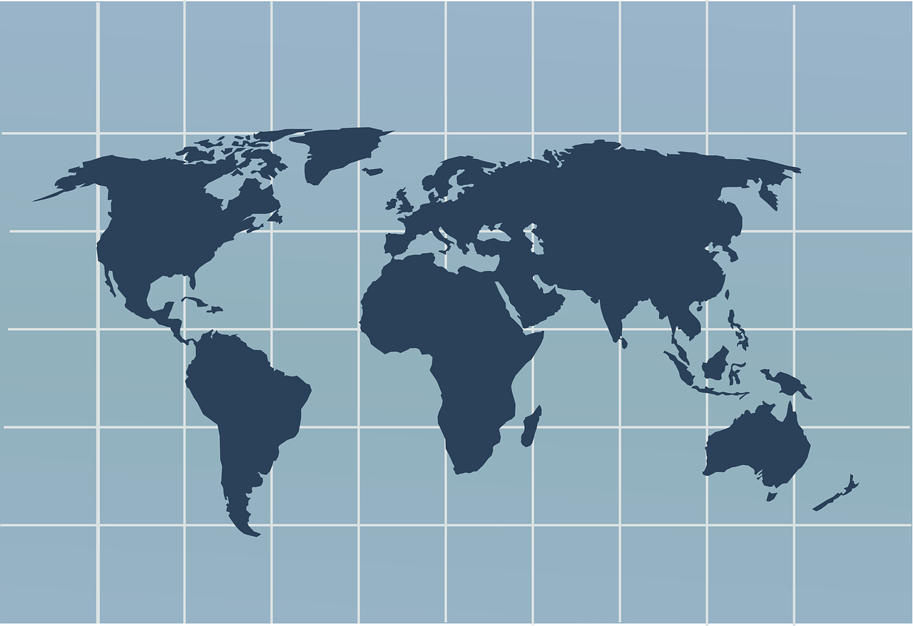 a map of the world on a blue background, shutterstock, mercator projection, empire silhouette, small in size, grid