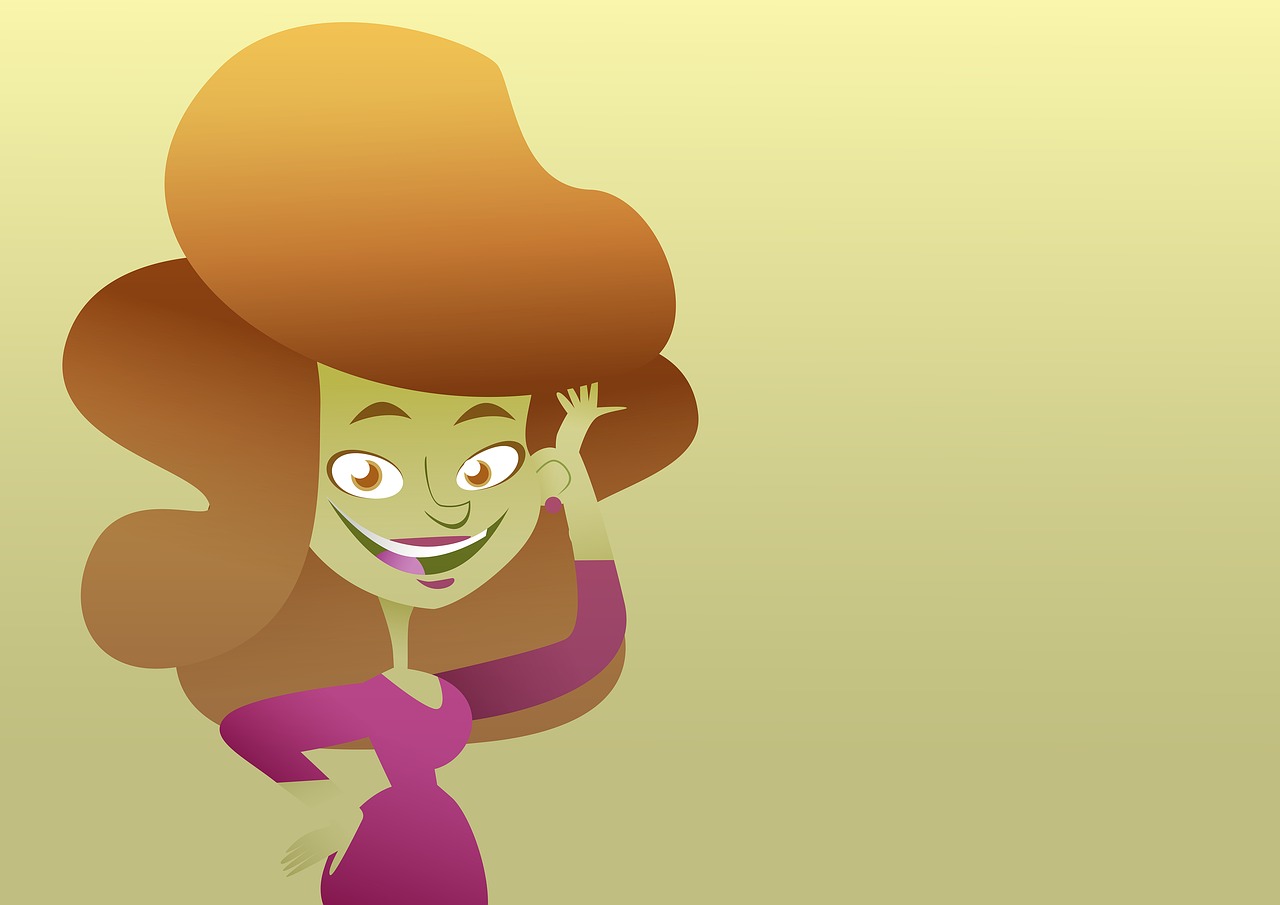 a cartoon woman with a big smile on her face, inspired by Daphne Fedarb, digital art, kim possible, vector background, half body photo, with haunted eyes and crazy hair