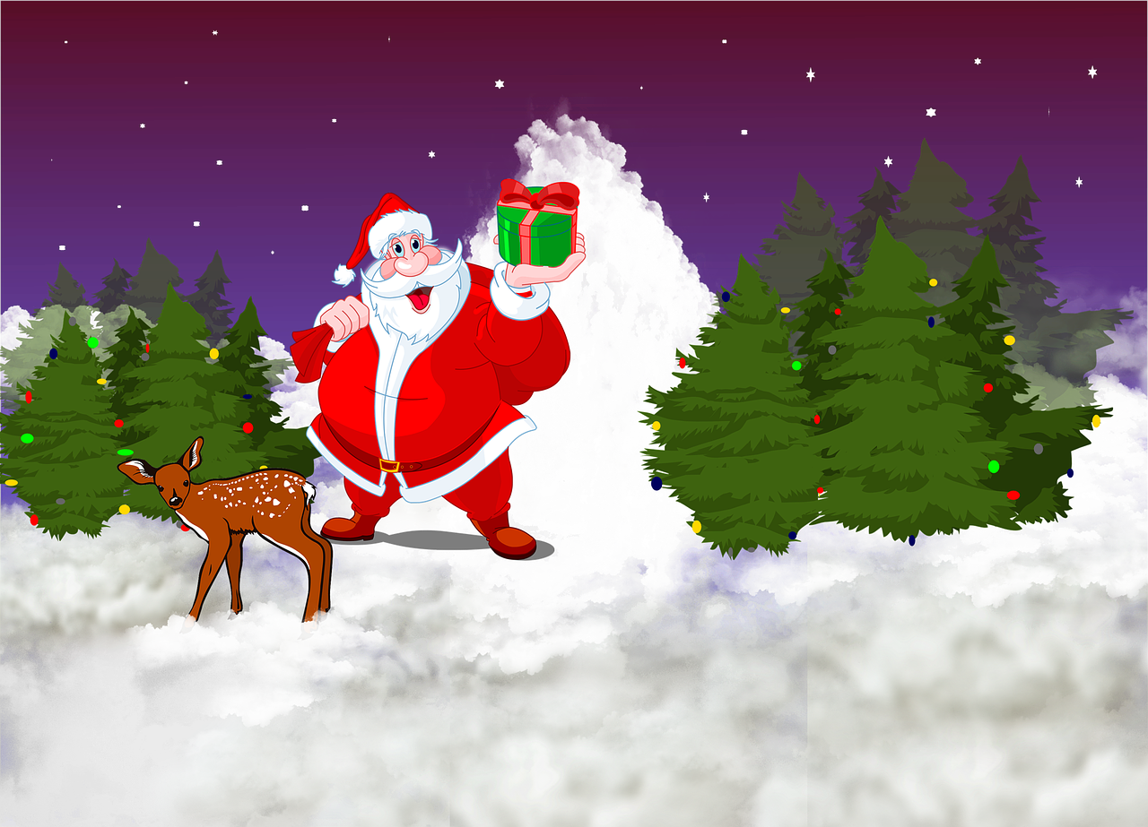 a santa claus standing next to a deer in the snow, an illustration of, shutterstock, in white clouds fairyland, very accurate photo, presents, with a tree in the background