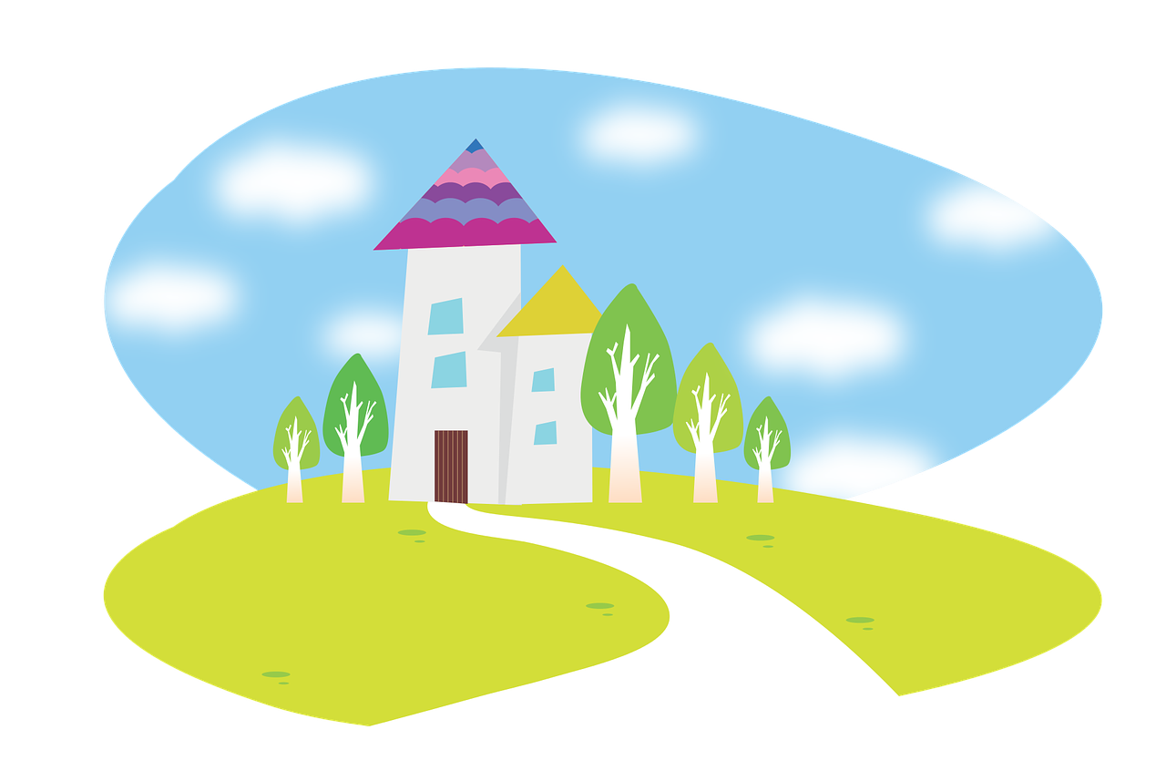 a cartoon castle sitting on top of a hill, a picture, by Awataguchi Takamitsu, pixabay, naive art, beautiful house on a forest path, logo without text, 2 1 0 mm, ( land )