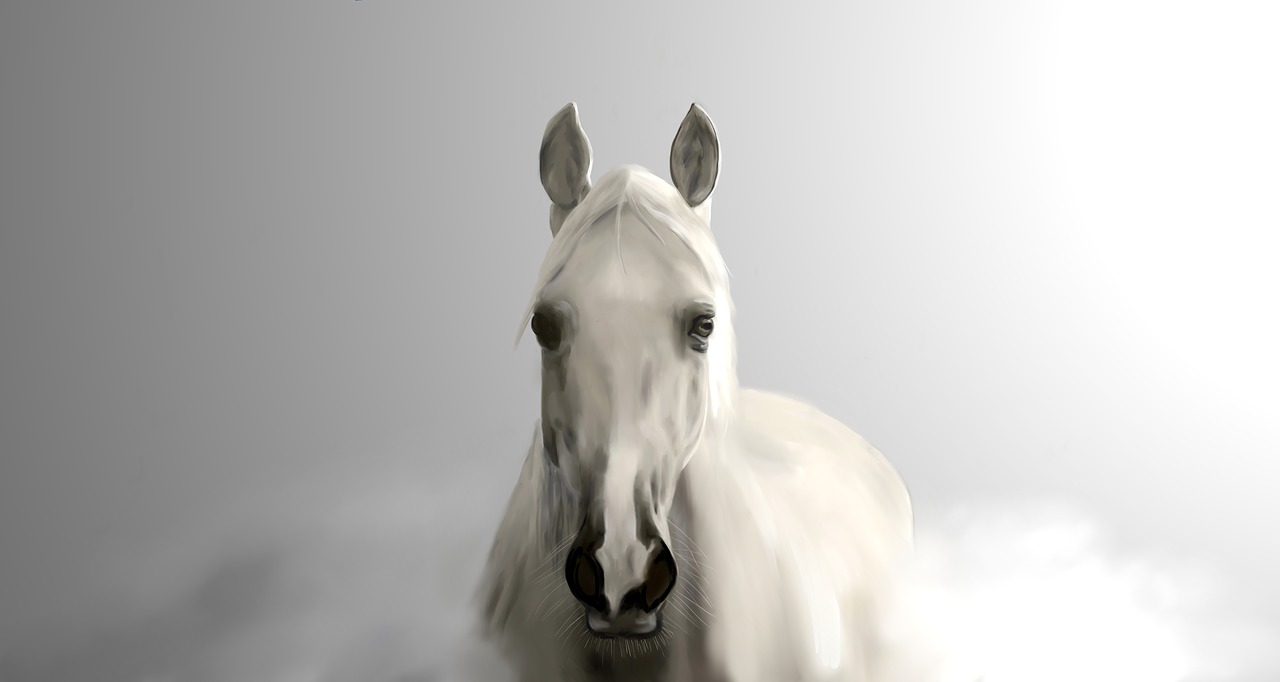 a white horse standing on top of a grass covered field, a digital painting, inspired by John Frederick Herring, Jr., on grey background, refined face and muzzle, “portrait of a cartoon animal, wip