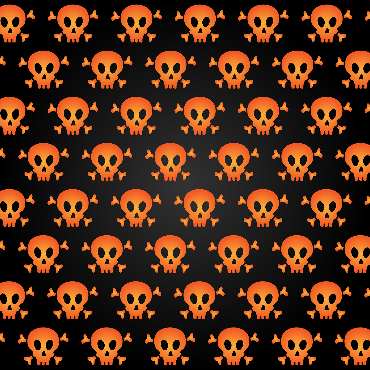 a pattern of skulls and bones on a black background, orange color, 4 k hd wallpaper illustration, sprite sheet, made with illustrator