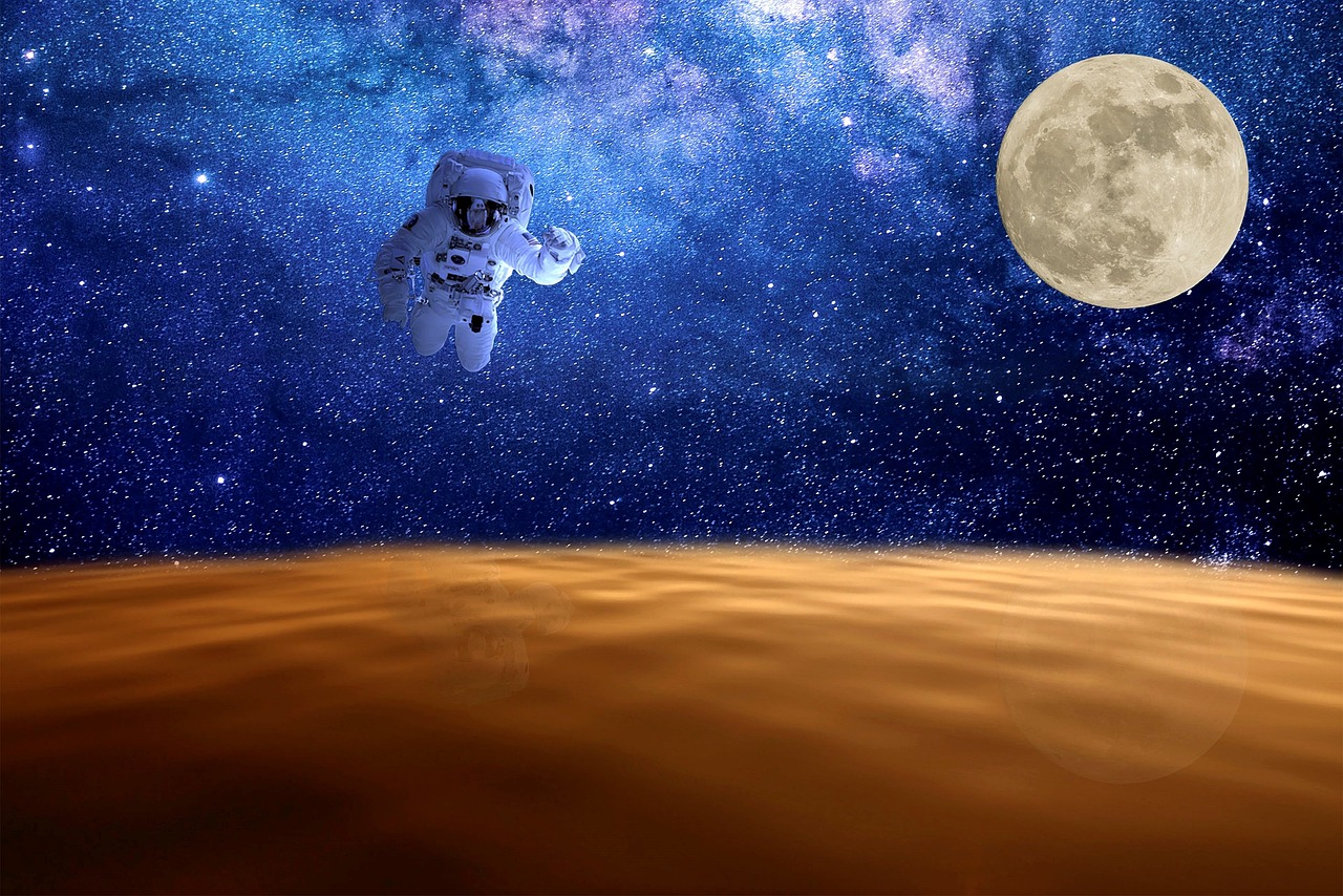 an astronaut floating in space in front of a full moon, digital art, space art, martian sands background, moonwalker photo, 🐋 as 🐘 as 🤖 as 👽 as 🐳, universe in a grain of sand