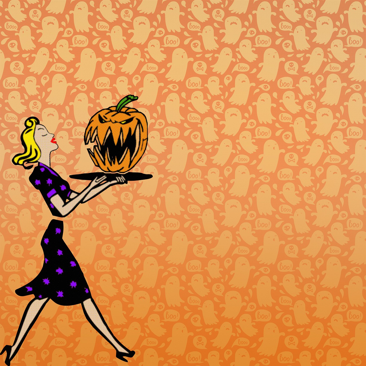 a woman holding a tray with a pumpkin on it, pop art, wallpaper design, no gradients, distant photo, diner background