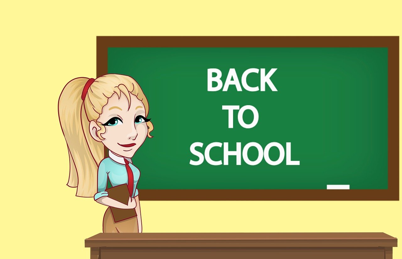 a girl standing in front of a blackboard with back to school written on it, an illustration of, barbizon school, clean cel shaded, blond hair with pigtails, as a strict school teacher ), looking back at the camera
