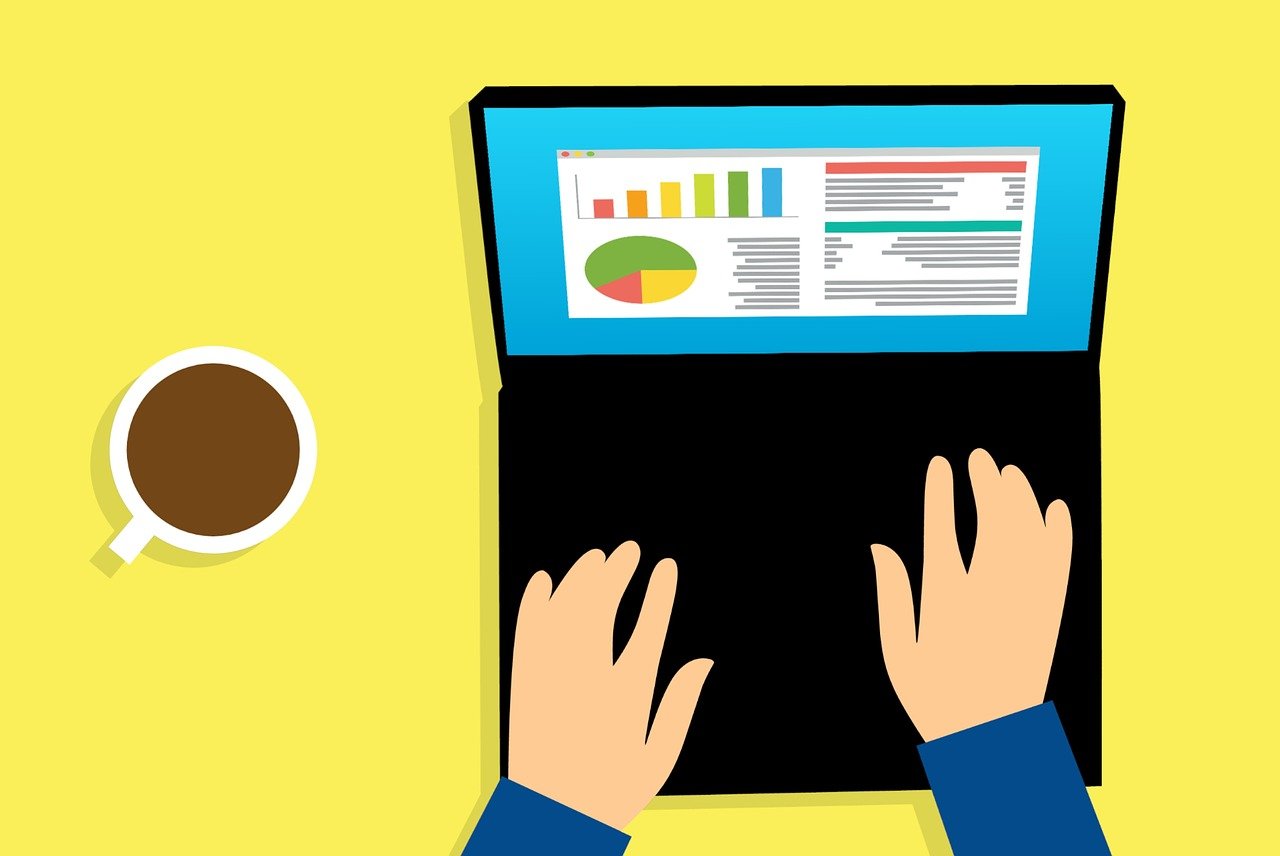 a person typing on a laptop next to a cup of coffee, a computer rendering, by Allen Jones, trending on pixabay, analytical art, power bi dashboard, on a yellow canva, bottom view, istock