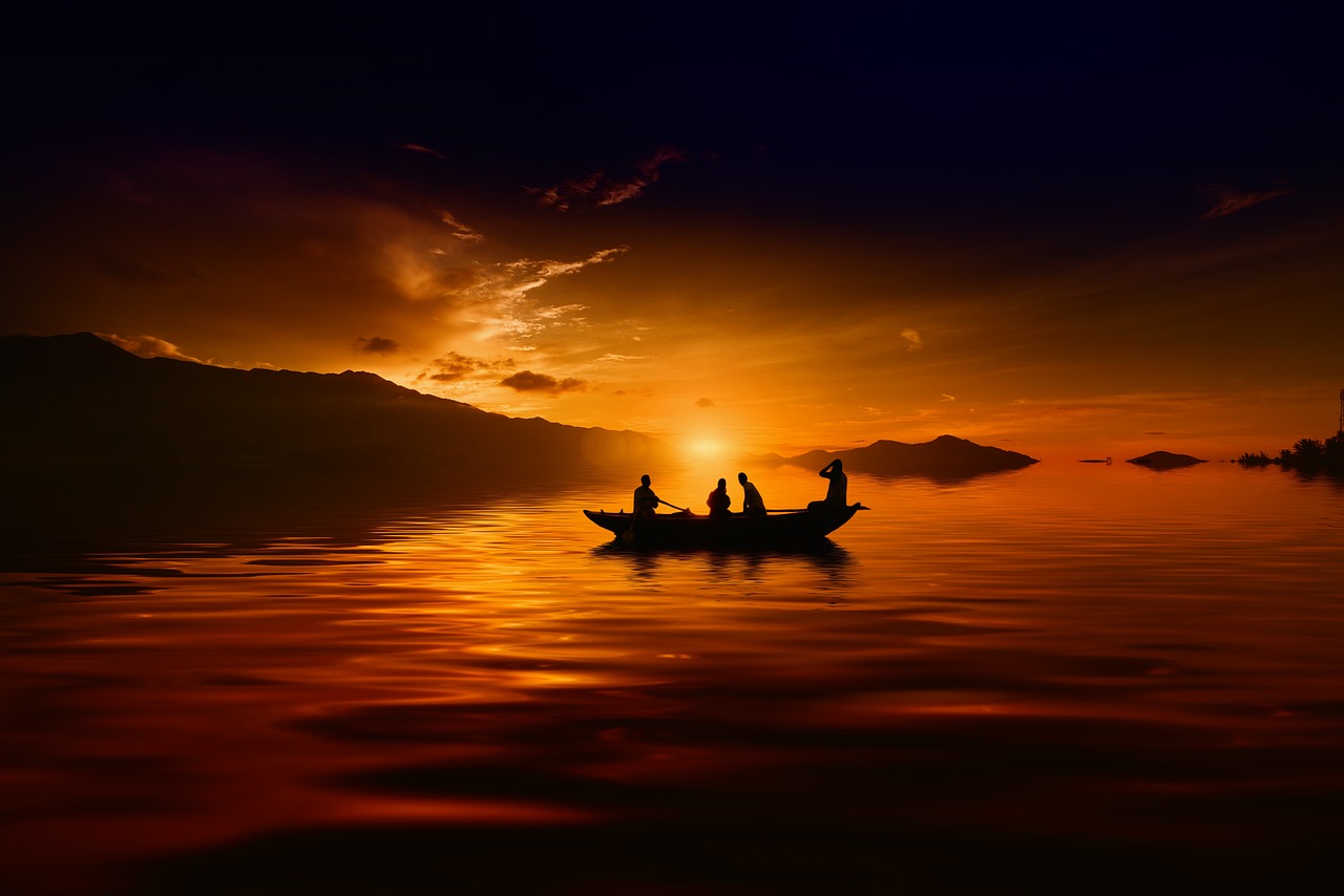 a couple of people in a small boat on a body of water, a picture, by Tadashige Ono, shutterstock, romanticism, dramatic sunset and dramatic sky, high quality fantasy stock photo, fisherman, prize winning color photo