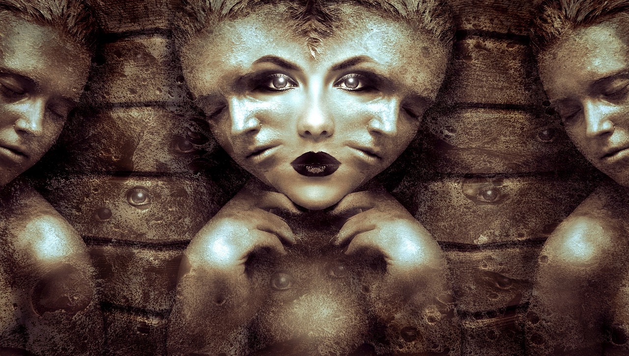 a close up of a person with makeup on, a portrait, inspired by H.R. Giger, gothic art, old sepia photography, 3d render digital art, portrait of a steampunk catgirl, symmetrical face and body